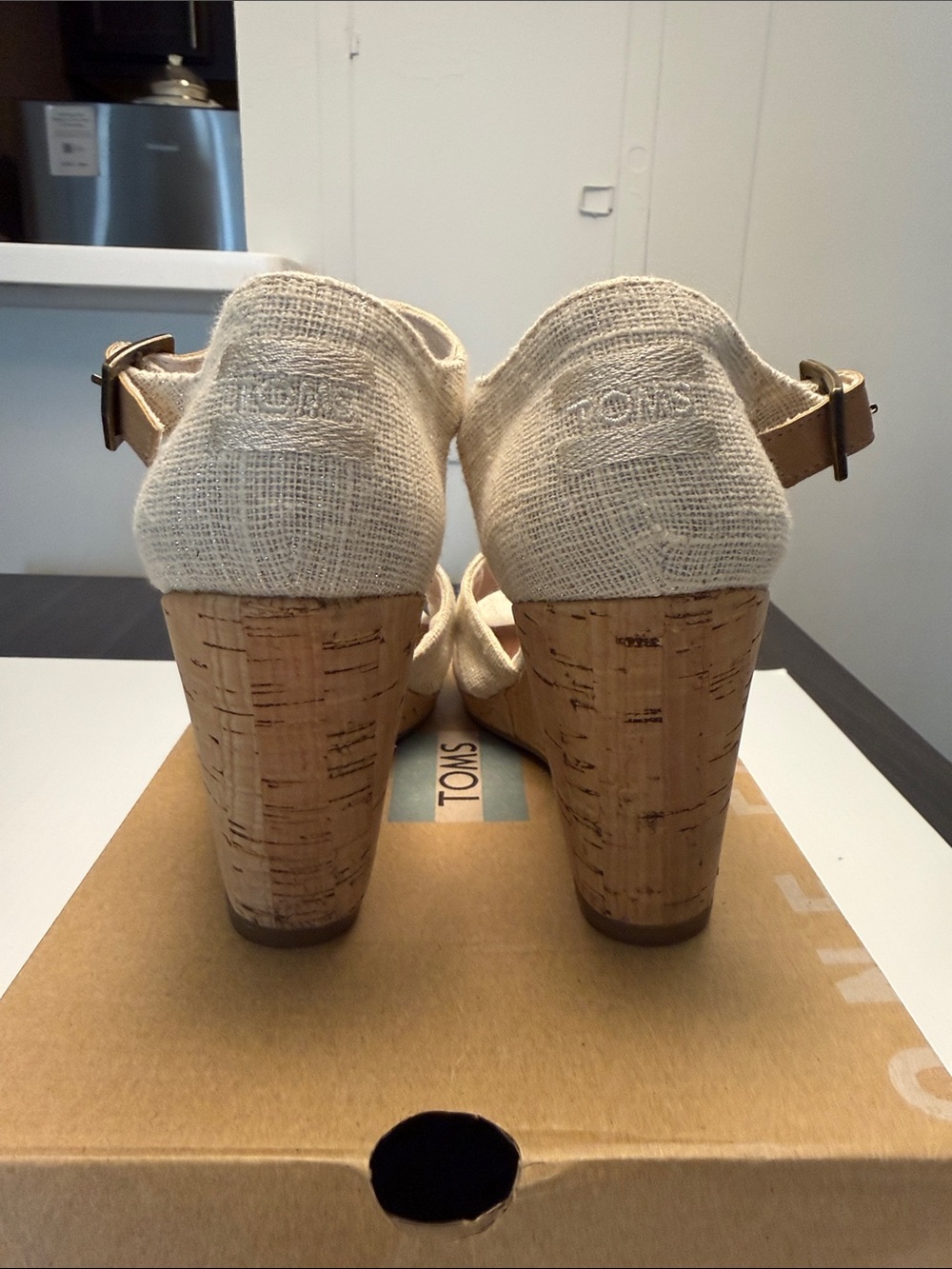 TOMS Sienna Natural Metallic Slubby Woven Cork Wedge Sandals - Picture 8 of 10